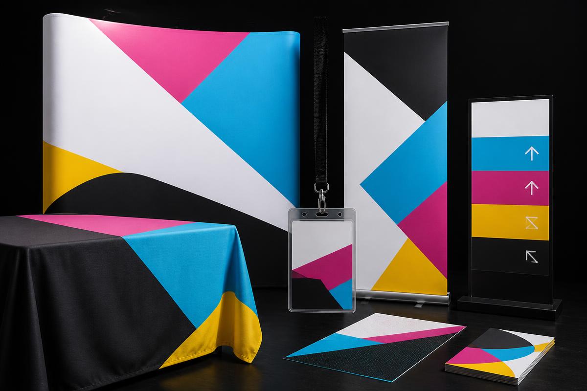 Representative event displays, badges, table covers, and directional signs