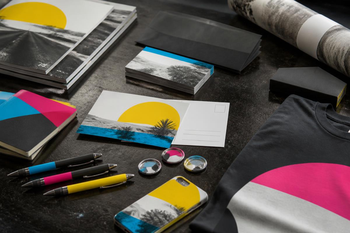 Representative promotional items, direct mail, postcards, and branded merchandise
