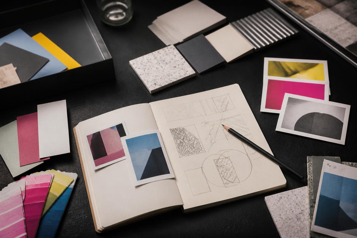 Representative print inspiration board with paper and material samples