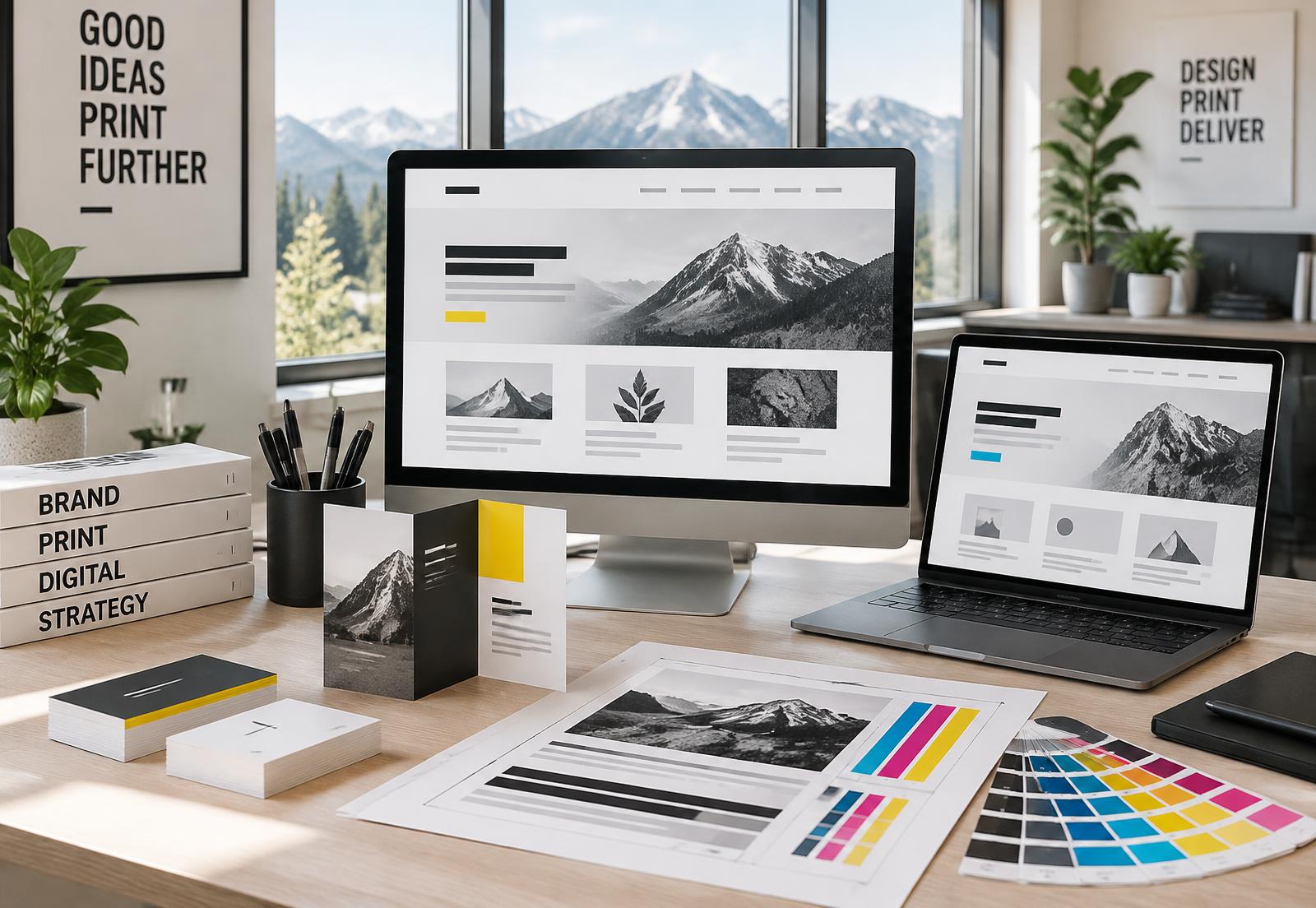 Website layouts and matching printed brand materials in a Colorado creative workspace